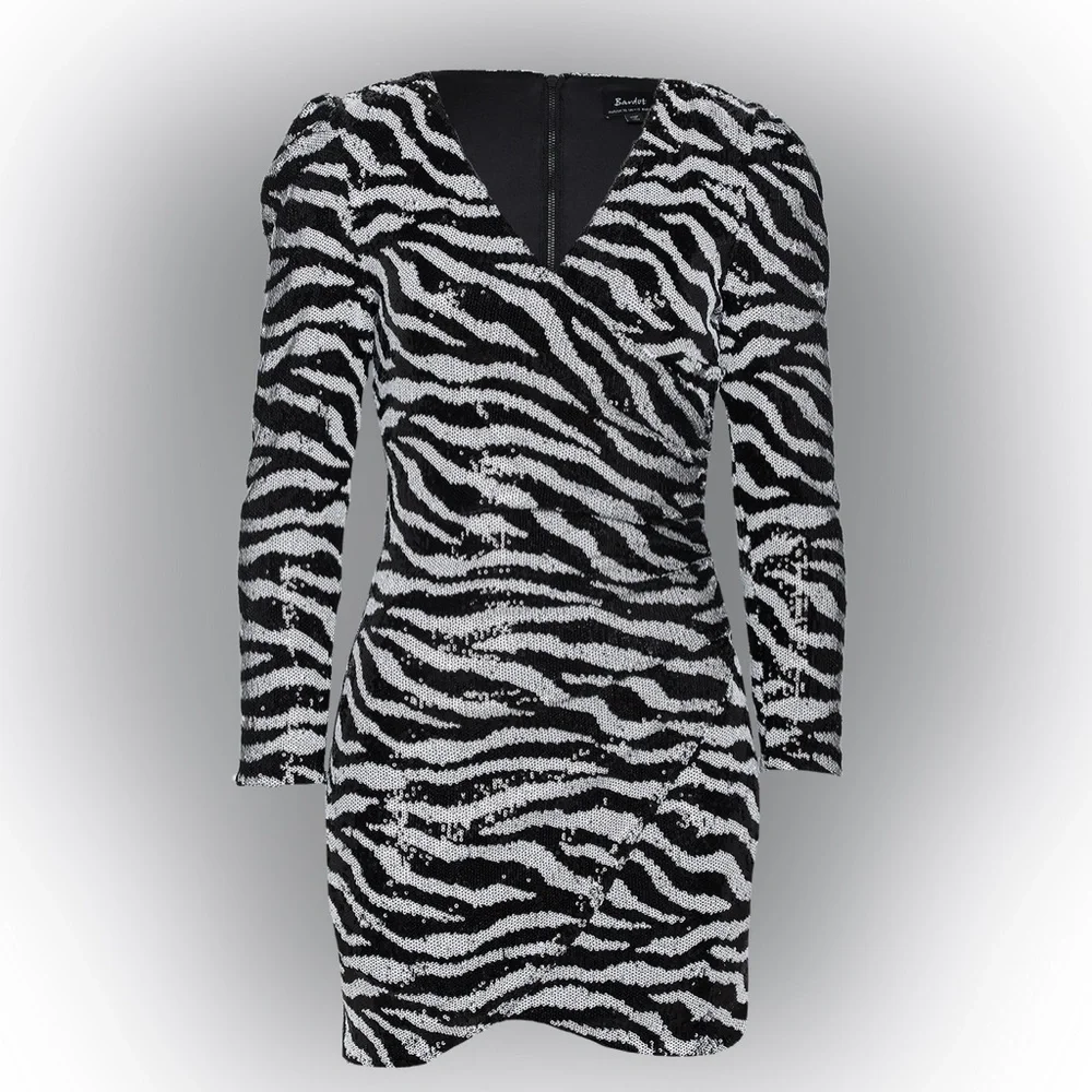 BARDOT Black White Zebra Sequined Ruched Mini Party Dress Size S/ 6 Long Sleeve